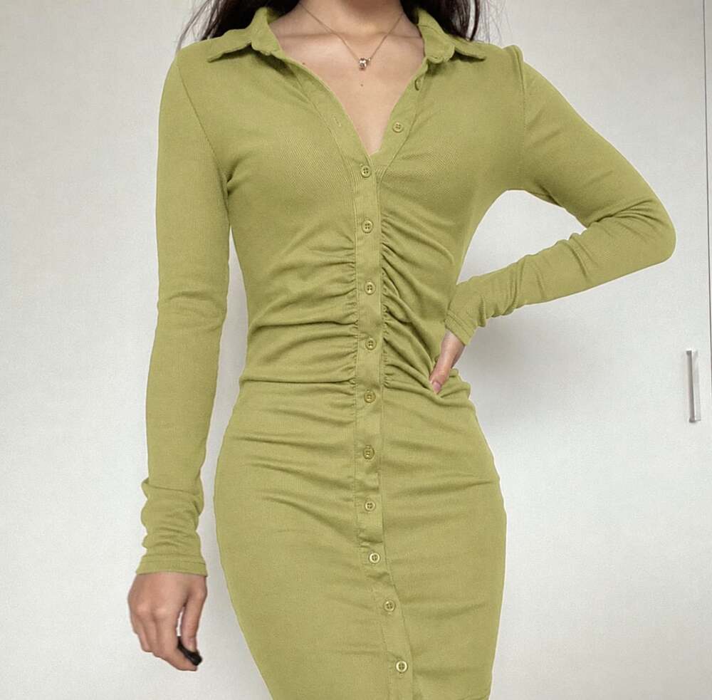 Green Ribbed Long Sleeve Button Front Ruched Collared Mini Dress XS
